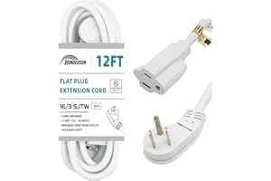 HONDERSON Flat Plug Indoor Extension Cord, UL Listed, 16 Gauge 12FT White 3 Prong Heavy Duty, 16/3 SJTW 13A Power Cord for Lights, Appliances, Home