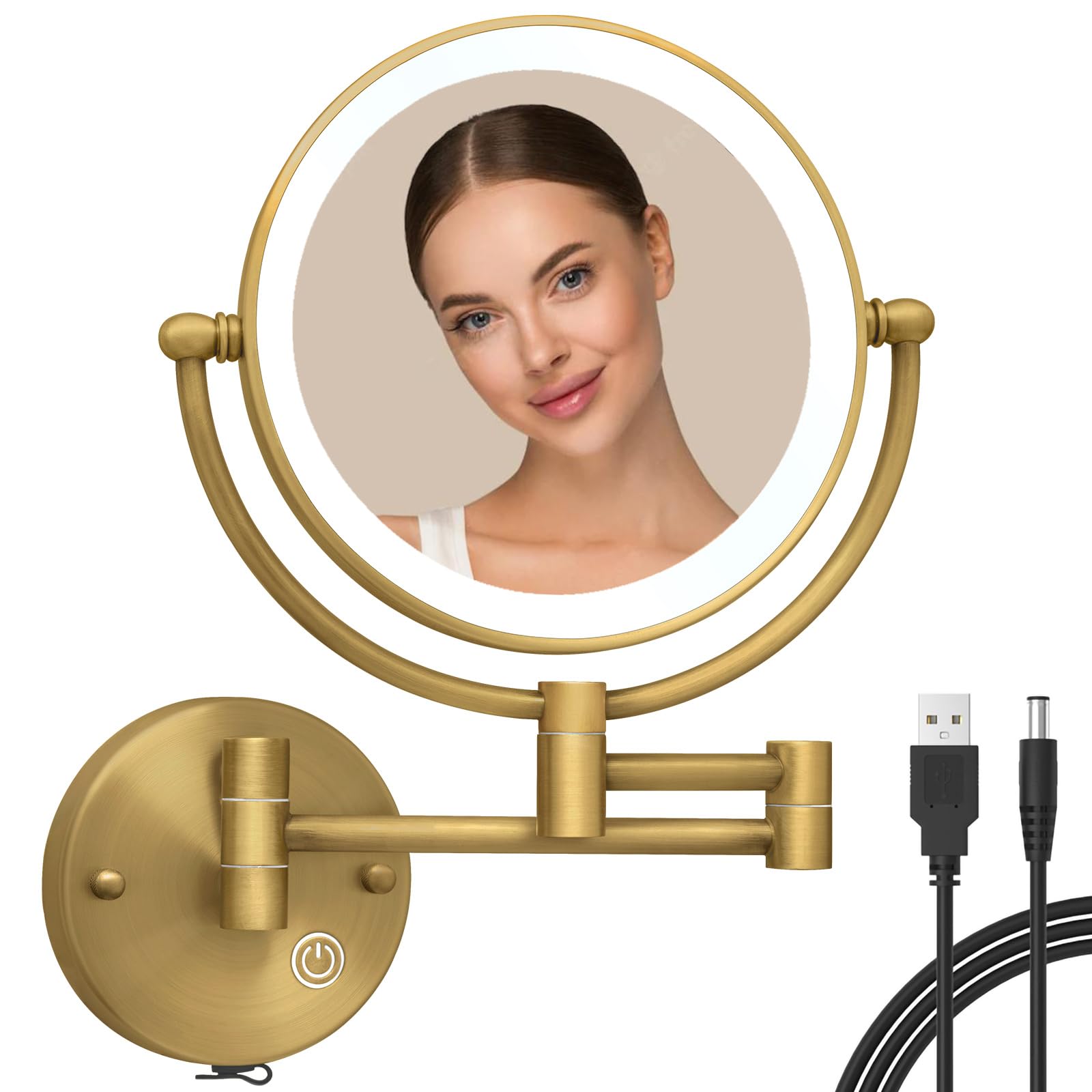 Photo 1 of ***(MISSING POWER CORD)***RECKODOR Brass Wall Mounted Makeup Mirror with Lights and Magnification, Rechargeable Lighted Magnifying Mirror Wall Mount with 1X and 5X, Brushed Antique Brass Bathroom Arts Ware