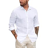 Mens Button Up Shirts Linen Beach Long Sleeve Casual Cotton Summer Lightweight Tops