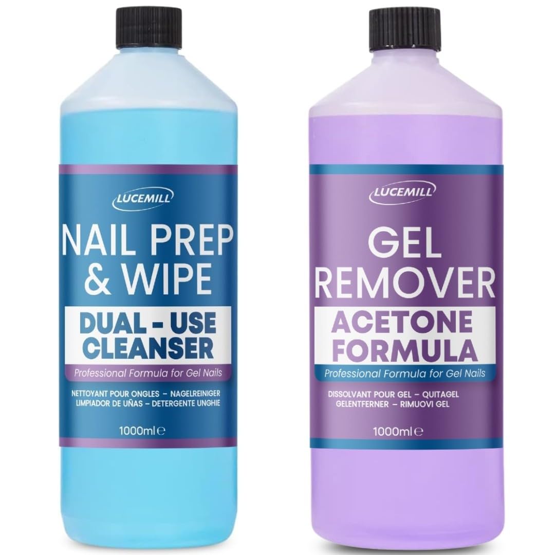 Lucemill Nail Cleanser & Remover Set | 2 x 1 Litre | Prep & Wipe + Acetone Gel Polish Remover for Acrylic Nails & Tips
