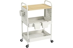 danpinera 3 Tier Rolling Cart with Wooden Table Top, White Rolling Utility Cart with DIY Pegboards & Locked Wheels, Easy Asse