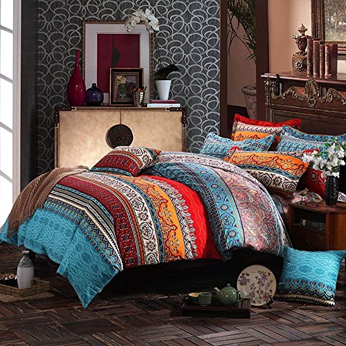 HNNSI 100% Brushed Cotton Boho Duvet Cover with 2 Pillow Shams(3 Pieces, Queen Size 90" x 90"),Bohemian Exotic Striped Bedding Sets, Ethnic Vintage Floral Comforter Cover Sets - Thumbnail 3