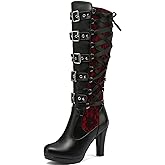 NIGXWNS Lace Punk Knee High Boots for Women Back Zipper High-Heeled Combat Boots Buckle Block Heel Lace-up Black Goth Boots