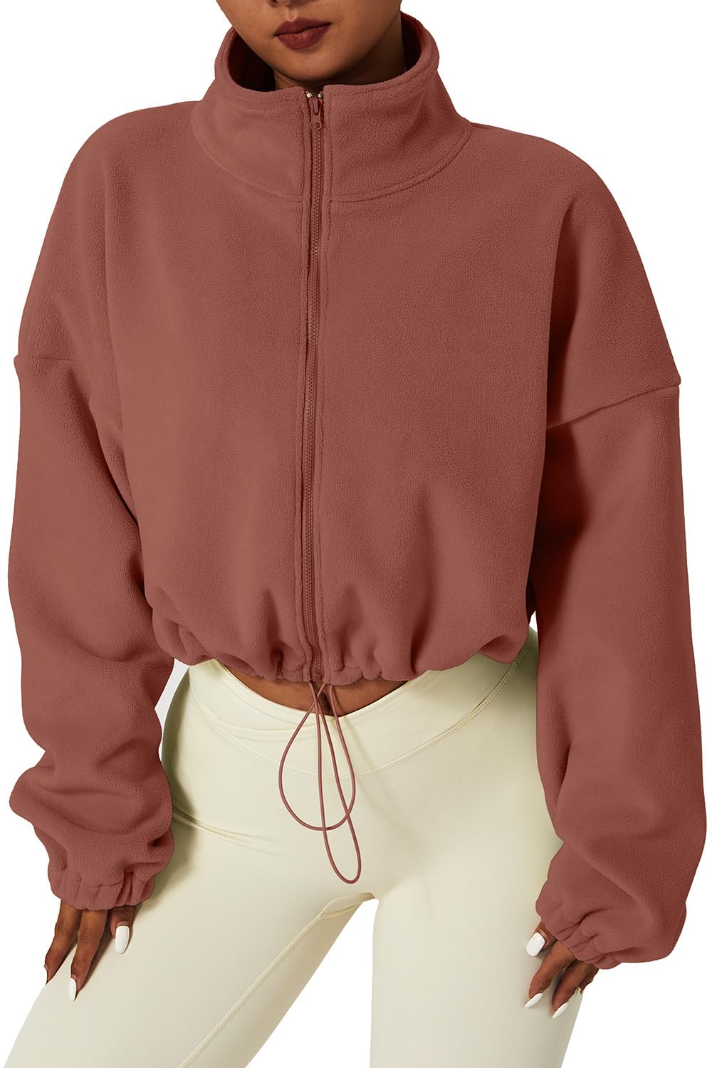 QINSEN Thick Fleece Sweatshirt Full Zip Stand Collar Winter Crop Coat Long Sleeve Baggy Bomber Jacket Bake Clay M Auburn Image