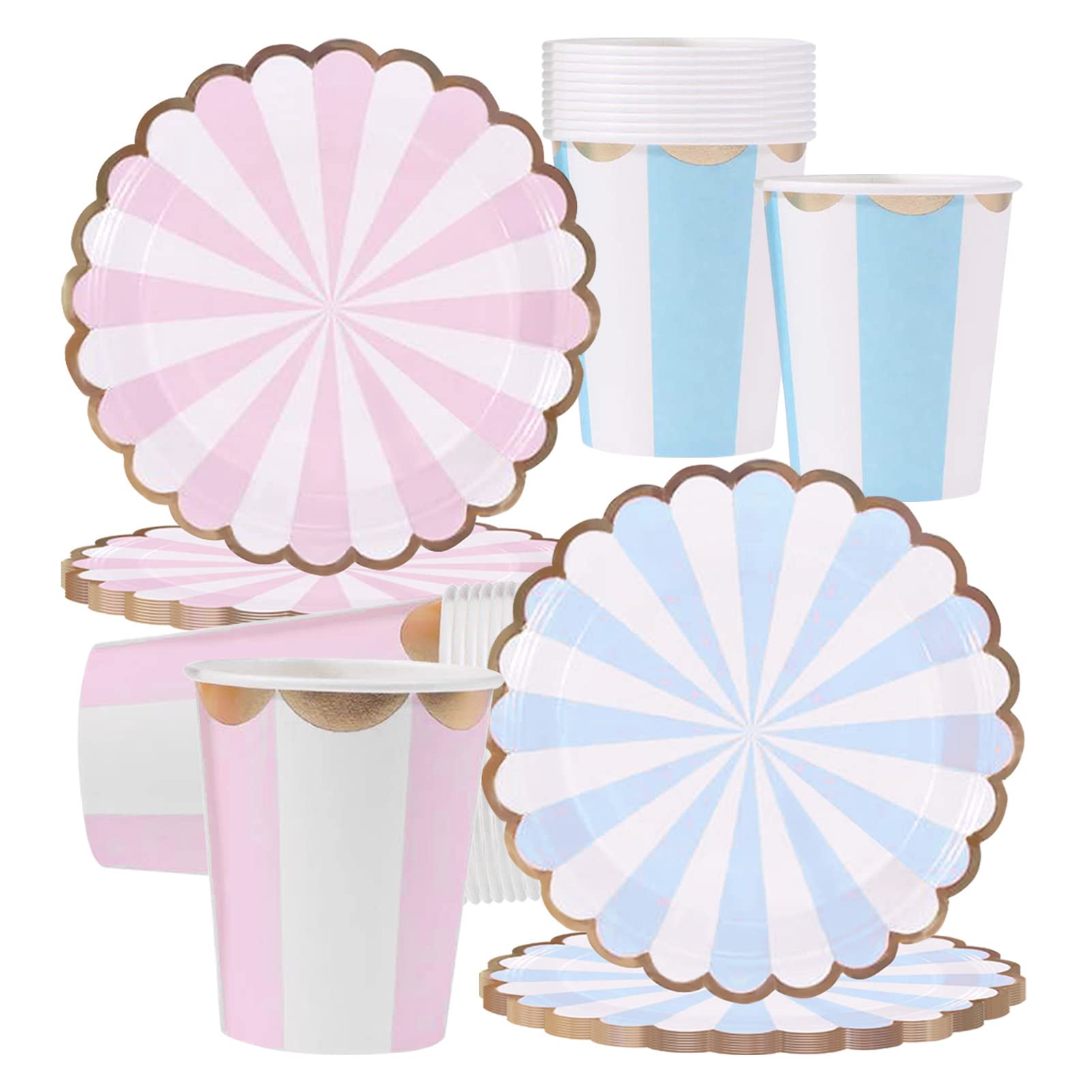 inheming 40Pcs Paper Plates and Cups Set Pastel Pink and Blue,7 Inch Picnic Plates Round Dessert Plates,Disposable Party Tableware for Birthday Party,Baby Shower, Picnic, Girls Sleepover