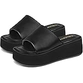 Butevar Chunky Platform Sandals for Women - Comfort Black Open Toe Slip on Platform Slides Y2K Wedge Sandals for Summer Casual