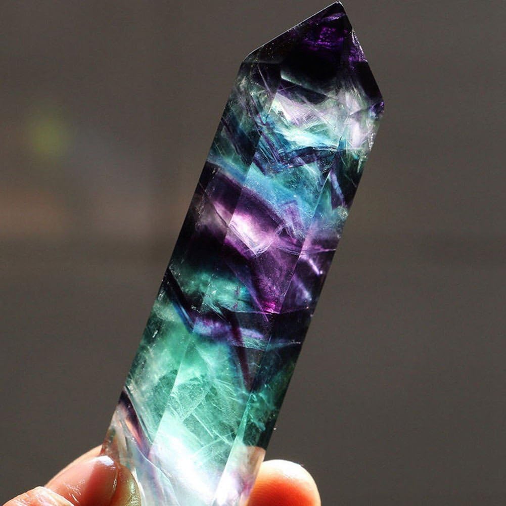 100% Natural Fluorite Crystal Colorful Striped Fluorite Quartz Crystal Stone Point Healing Hexagonal Wand Treatment Stone 1.77-2.56 inch