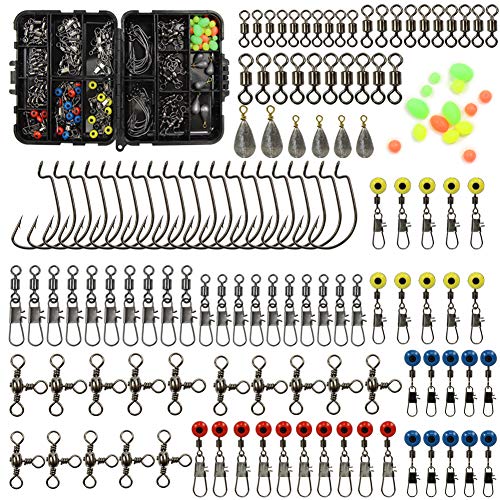 Croch 160pcs/box Fishing Accessories kit with Tackle Box,Including Fishing Swivels Snaps, Bullet Bass Casting Sinker Weights, Fishing Line Beads,Jig Hooks