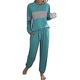 Ekouaer Womens Pajama Sets Long Sleeves 2 Pieces Casual Loungewear Outfits Round Neck Sleepwear with Pockets