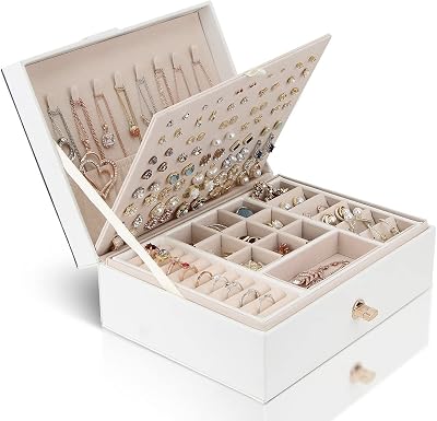 YONZONE Jewellery Box Organizer 3 Layer PU Leather Travel Case White