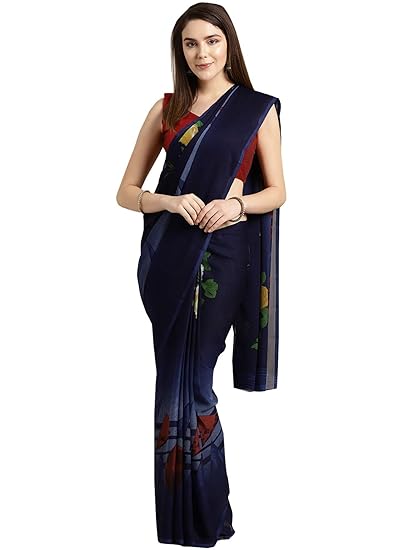 Poly Georgette Navy Blue Printed Womens Saree