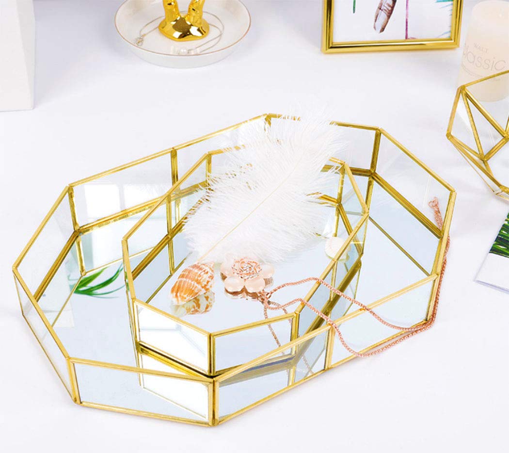 Duffire Vintage Makeup Jewelry Organizer Mirror Glass Tray Handmade Home Decoration Metal Color Tray (Small)