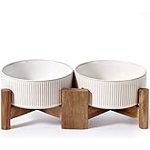 Getstar Ceramic Dog Bowls Set with Acacia Wood Stand, 3.5 Cups Pet Bowls Set of 2 for Medium Dogs, Cute Dog Food Bowl, Cat Bowls