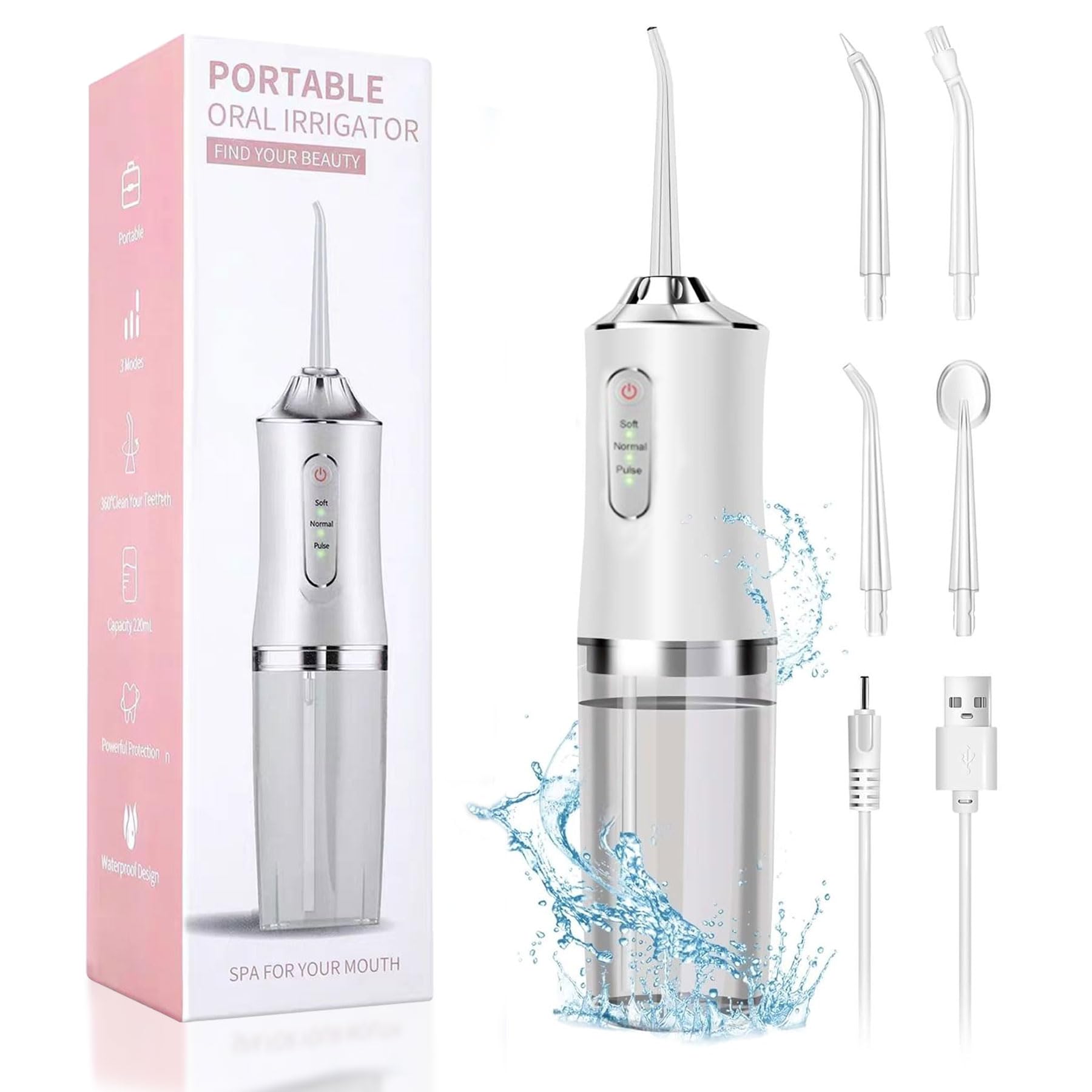 MeYuxg Oral Irrigator, Wireless, Portable Electric Tooth Cleaner, 3 Modes & 4 Nozzles, IPX7 Waterproof, 220 ml, White, Special Feature: Multiple Tips, Portable, Target Use: Teeth, Gum Health