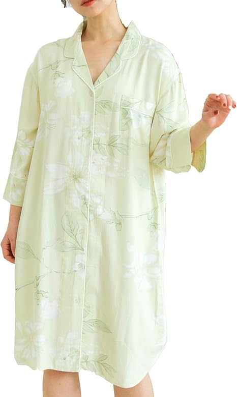 Amazon ネグリジェ レディース ルームウェア シルクもどき シャツワンピース ミドル ロング丈 7分袖 普段着夏着 パジャマ ルームウェアトップス 通販