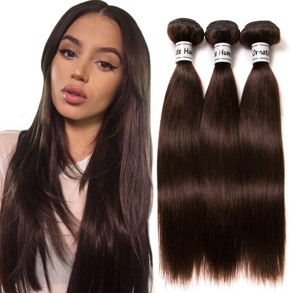 Ornate Hair Dark Brown Human Hair Bundles Straight Hair Extensions Brazilian Straight Remy Hair Weave Unprocessed Virgin Brazilian Hair Extensions Color #2(10 10 10 Inch)
