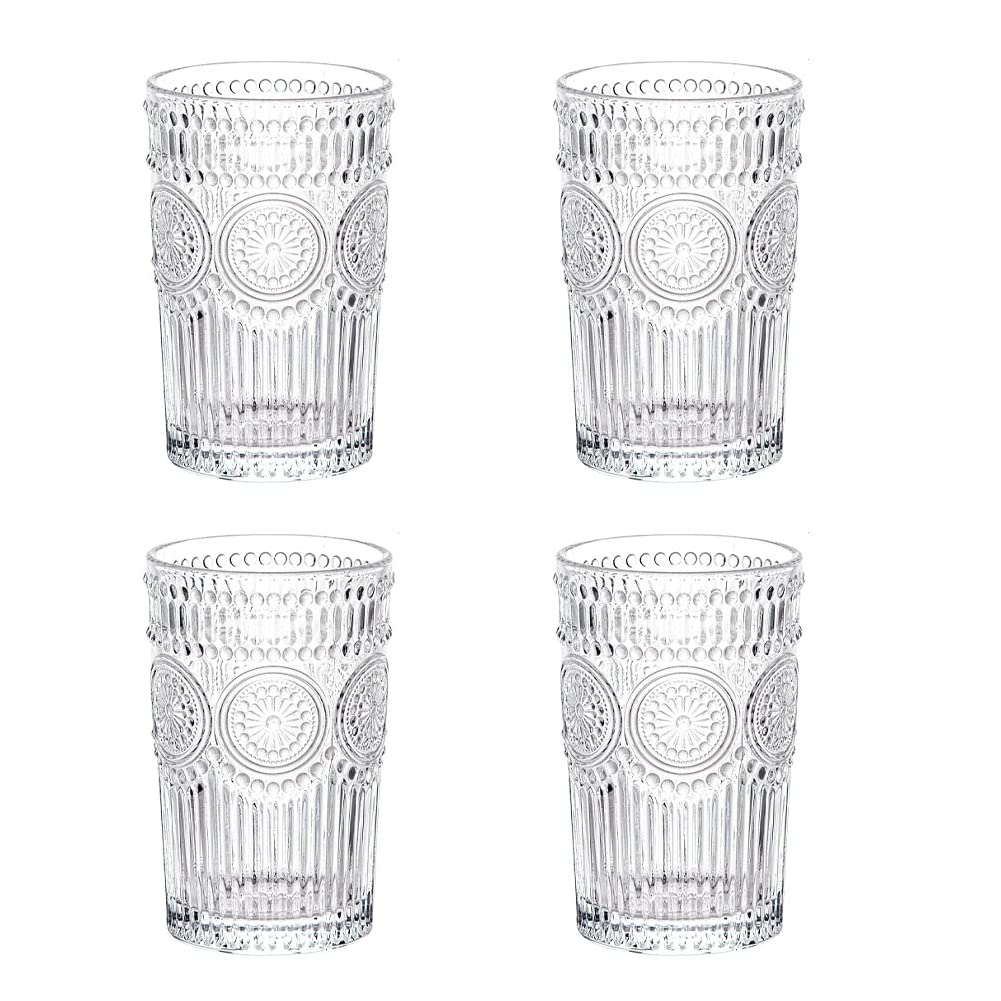 LOYUYU Set of 4, Romantic Water Glasses, 350ml Premium Drinking Glasses Tumblers, Vintage Glassware Set for Juice, Beverages, Beer, Cocktail
