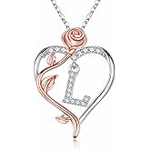Iefil Rose Heart Necklaces Gifts for Women - 925 Sterling Silver Rose Heart Initial Necklace, Anniversary Birthday Gifts for Women, Jewelry Gift for Her Wife Girlfriend Mom Daughter