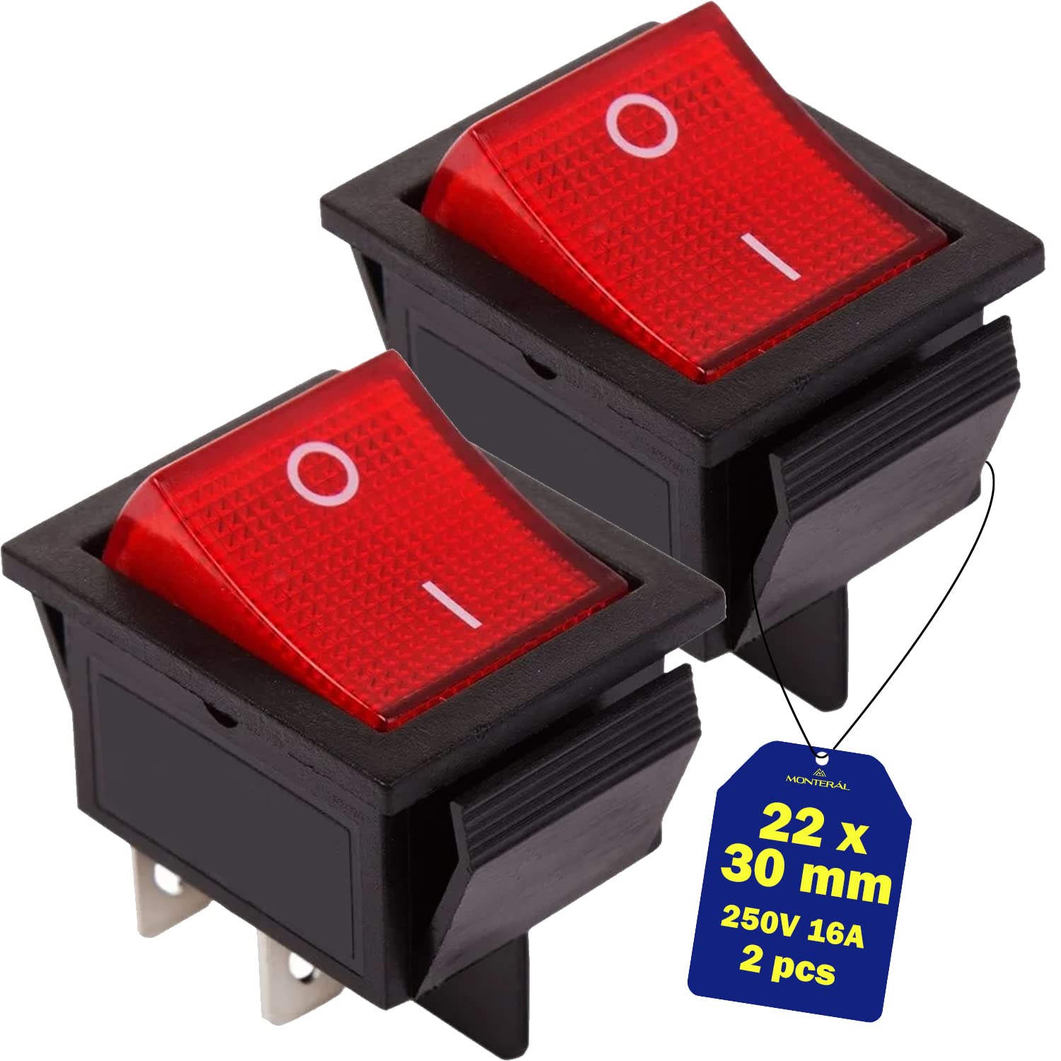2 Pieces Double Pole Switch Red Luminous 250V 16A 22 x 30 mm with 4 Faston da 6,3 mm - Warranty 10 Years - MONTERAL