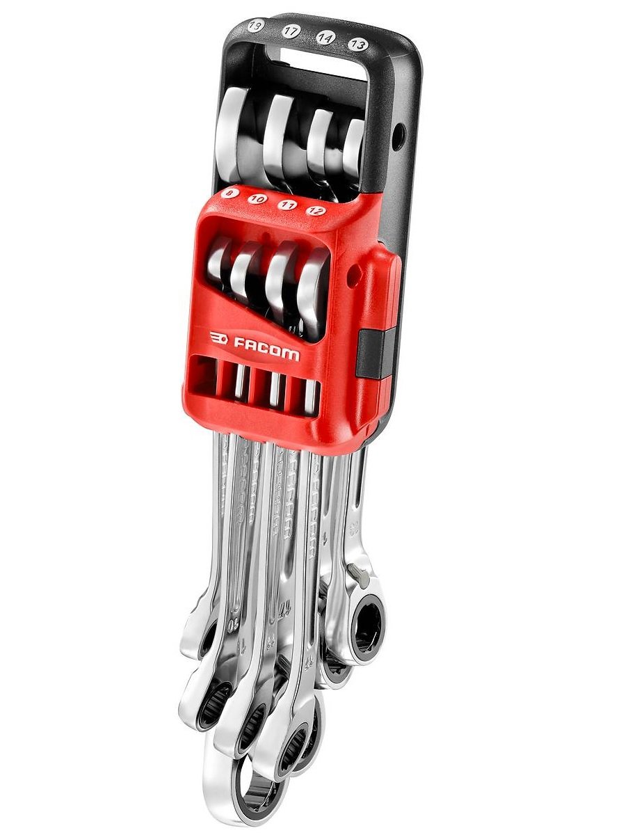 FACOM 467B.JP8 Metric Ratchet Combination Wrench Set with Inches on Portable Case, Silver, Set of 8 Pieces