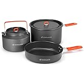 Odoland Outdoor Cookware Mess Kit - Portable Cooking Pot, Frypan With Kettle and Mesh Bag for Camping, Backpacking, Outdoor C