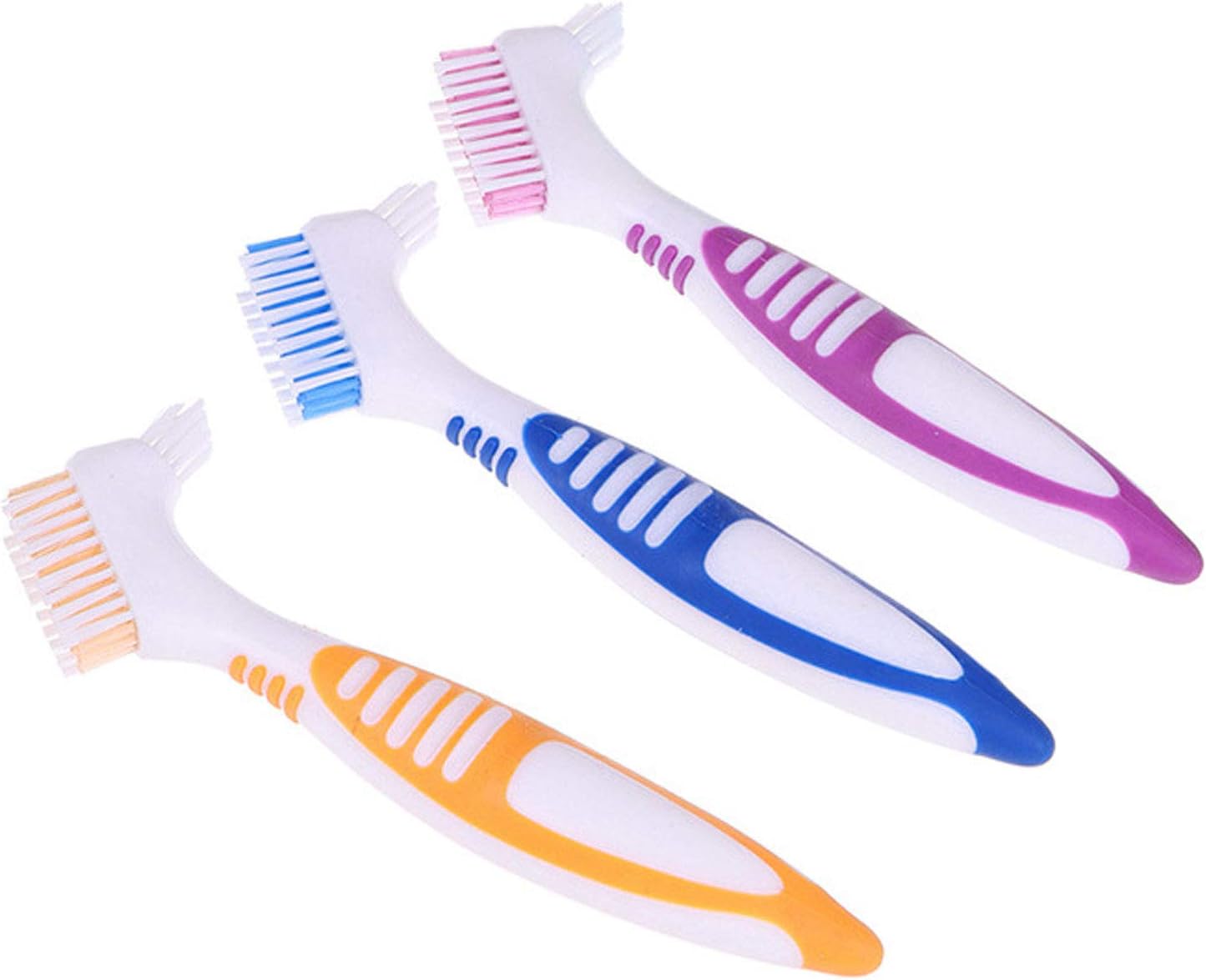 Premium Denture Cleaning Brush Set with Multi-Layered Bristles & Ergonomic Rubber Handle, Portable Denture Double Sided Brush for False Teeth Cleaning, 3 Pieces (Blue, Orange, Purple): Health & Personal Care