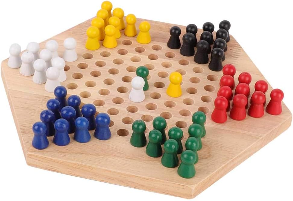 Wooden Chinese Checkers, 60 Marbles in 6 Colours for All Ages Durable Rubber Wood Board Game Family Strategy Educational Toy