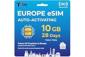 TSIM eSIM for Europe Travel 28Days Holiday with CallHome & Hotspot Tethering. Auto-Activating. 5G Enabled. Roam in 34 Countries incl Switzerland, Turkey (10GB)