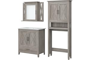 Bush Furniture Key West Bathroom Vanity Sink with Mirror and Over The Toilet Storage Cabinet, 32W, Driftwood Gray