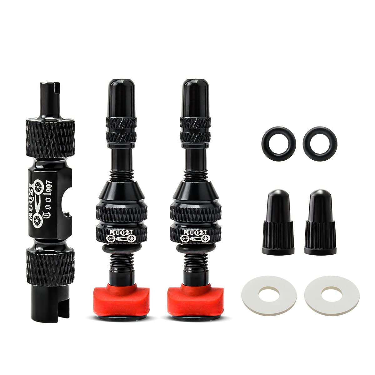 MUQZI Tubeless Presta Valve Stem Kits - No Leak Bike tubeless Valve Stems with Integrated Valve Core Remover Tool and Alloy Presta Valve Stem Caps for Bicycle, Black(40mm)