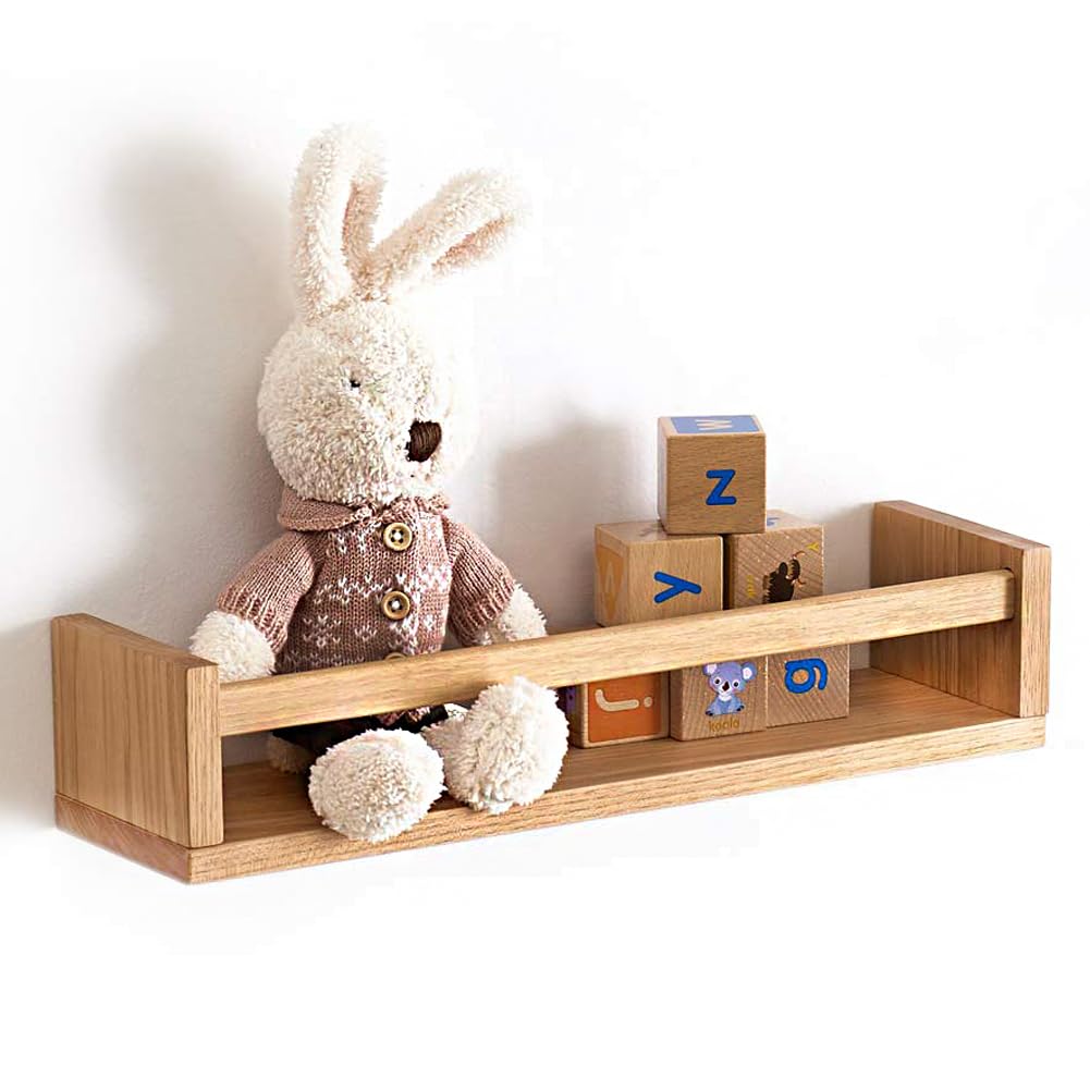 OAKERLAND Oak Floating Nursery Bookshelf, 40cm Natural Solid Wood Wall Shelves for Storybooks, Wooden Book Organizer Shelf Picture Ledge for Kids Room, Nursery, Bedroom, Living