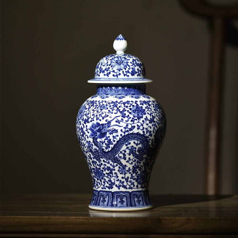 THREESS Traditional Chinese Blue and White Porcelain Tank Decoration Dragon and Phoenix Ginger JarAA