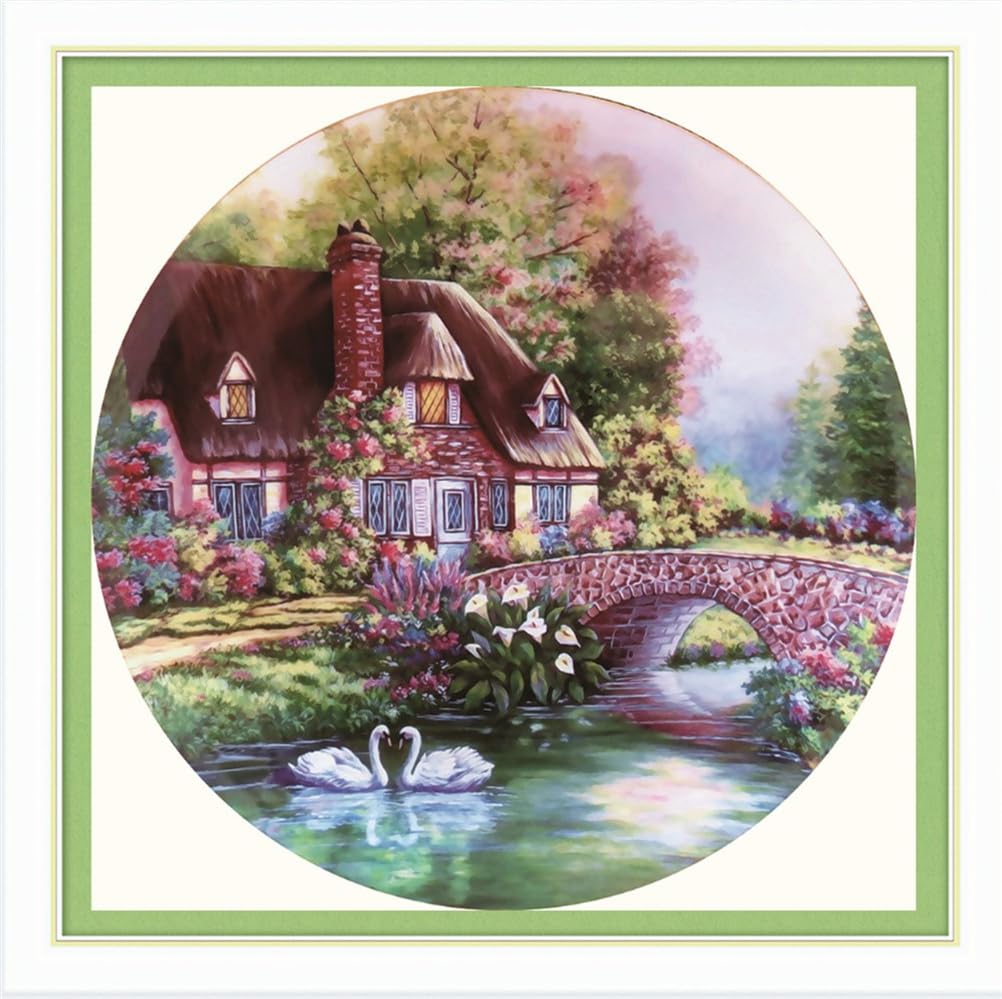 Meecaa Cross Stitch Kits 11 Count Stamped, Bridge Landscape House Villa Swan Embroidery Kit with Accessories Pre Printed (48CMx48CM) (Bridge)