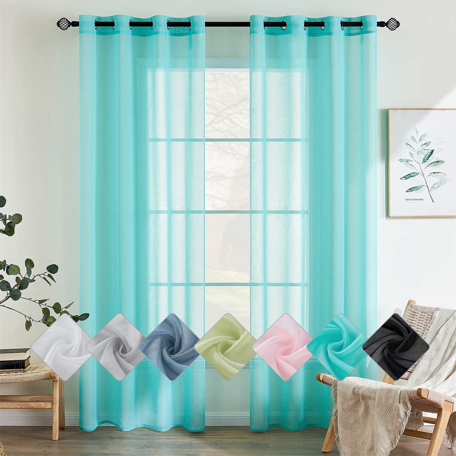 EMEMA Set of 2 Sheer Voile Curtains with Eyelets Transparent Voile Polyester Eyelet Curtain Transparent Living Room Airy Decorative Curtain for Bedroom 140 x 145 cm (W x H) Turquoise