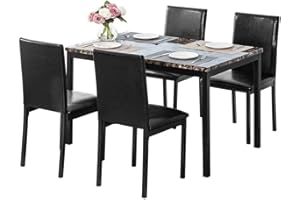 DKLGG Dining Table Set for 4, 5 Piece Kitchen Table Set with PU Leather Chairs Space-Saving Faux Marble Dining Room Table Set for 4 for Small Home Kitchen, Apartment