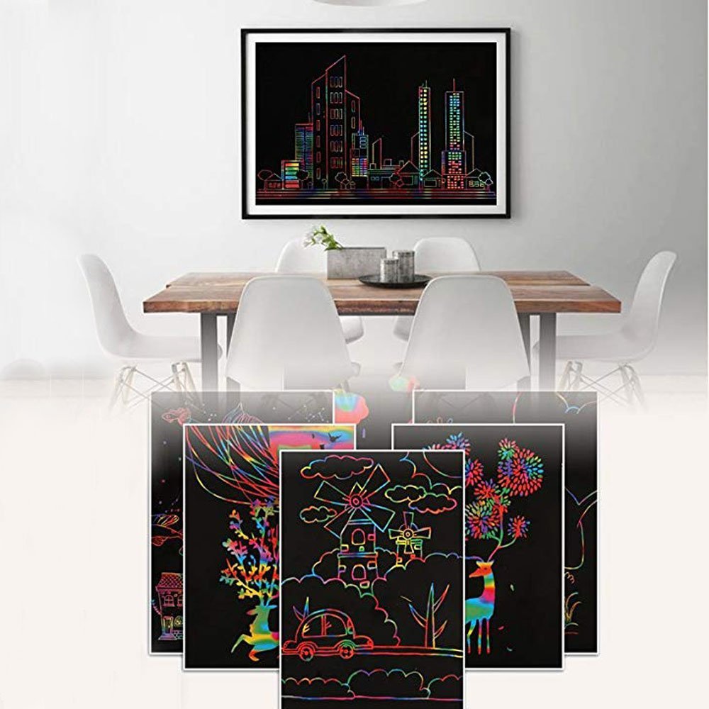 Scratch Art Rainbow, Scratch and Sketch Art Papers Magic Painting Papers with Wooden Stylus & Rulers Stylus Makes Art Fun for Kids, 62 PCS