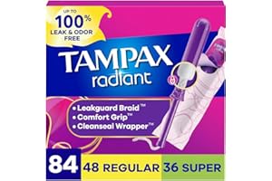 Tampax Radiant Tampons Multipack, with LeakGuard Braid, Regular/Super Absorbency, Unscented, 84 Count