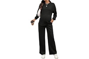 SweatyRocks Women's Maternity 2 Piece Outfits Lantern Long Sleeve Drop Shoulder T Shirt and Pants Pregnancy Set