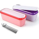 Nuenen 2 Pcs Reusable Ice Cream Containers with Lids and a Scoop 1.5 Quarts Plastic Rectangle Dessert Storage Tubs Homemade Ice Cream Storage Containers for Freezer Kitchen Refrigerator (Purple,Red)