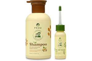 PE4U Natural Pet Shampoo for Dogs & Cats – Smooth Coat, Reduce Shedding & Odor Control – Coconut & Olive Oil Formula - Safe for Sensitive Skin, Hypoallergenic, Relieve Dry Skin - [Shampoo + Ear Drop]