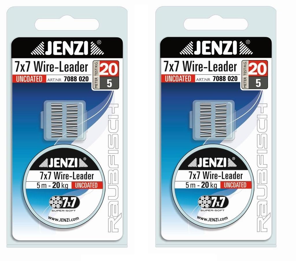 Set: 2 x Jenzi steel leader, Powerflex, 7 x 7, 20 kg, with 20 clamping sleeves + free Petri Heil! Sticker.