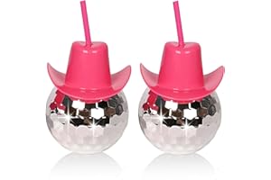 ZHURUININ Disco Ball Pink Cowgirl Hat Cups with Straws Cowboy Western Party Supplies, Let’s Go Girls Single Girl Party Supplies… (Pink, 2Pcs)