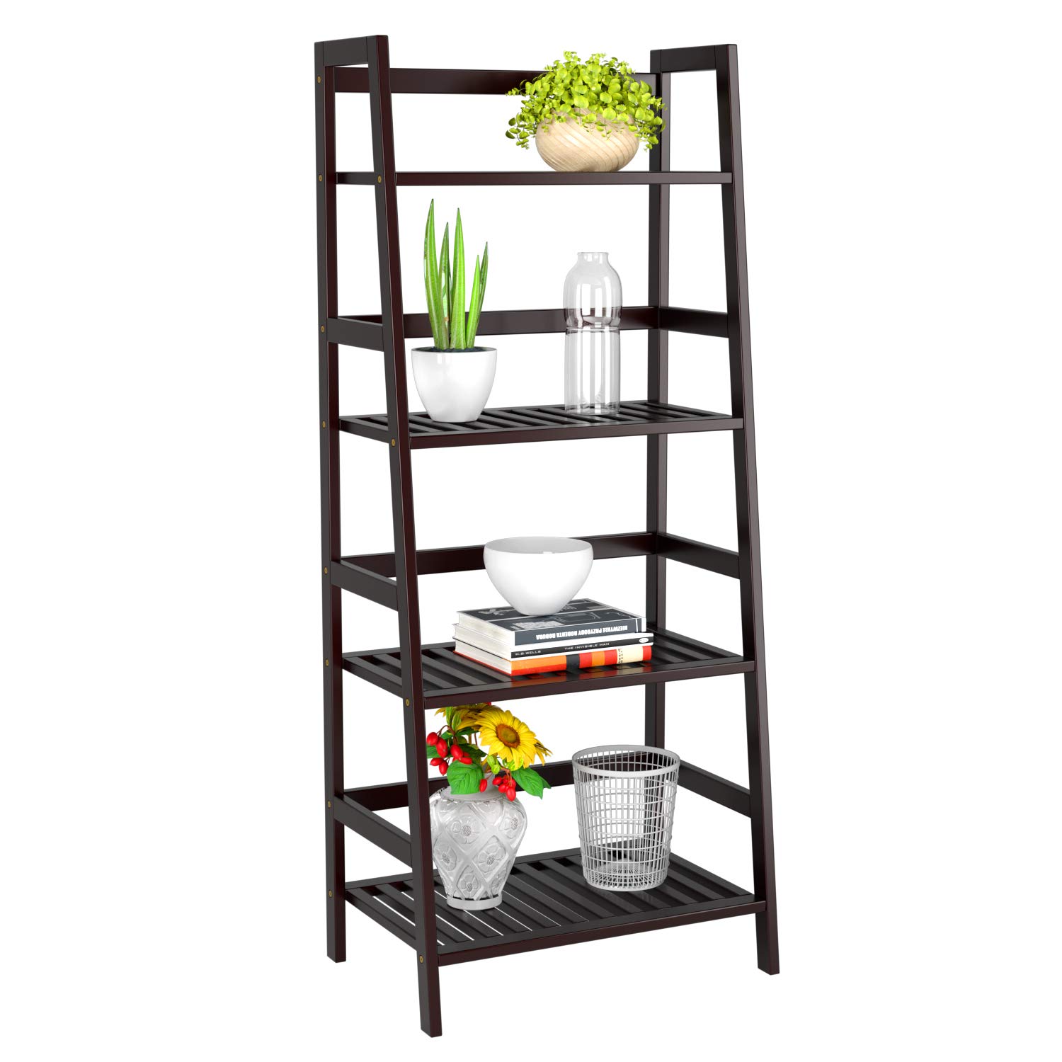 Homfa Bamboo 4 Shelf Bookcase, Multifunctional LadderShaped Plant