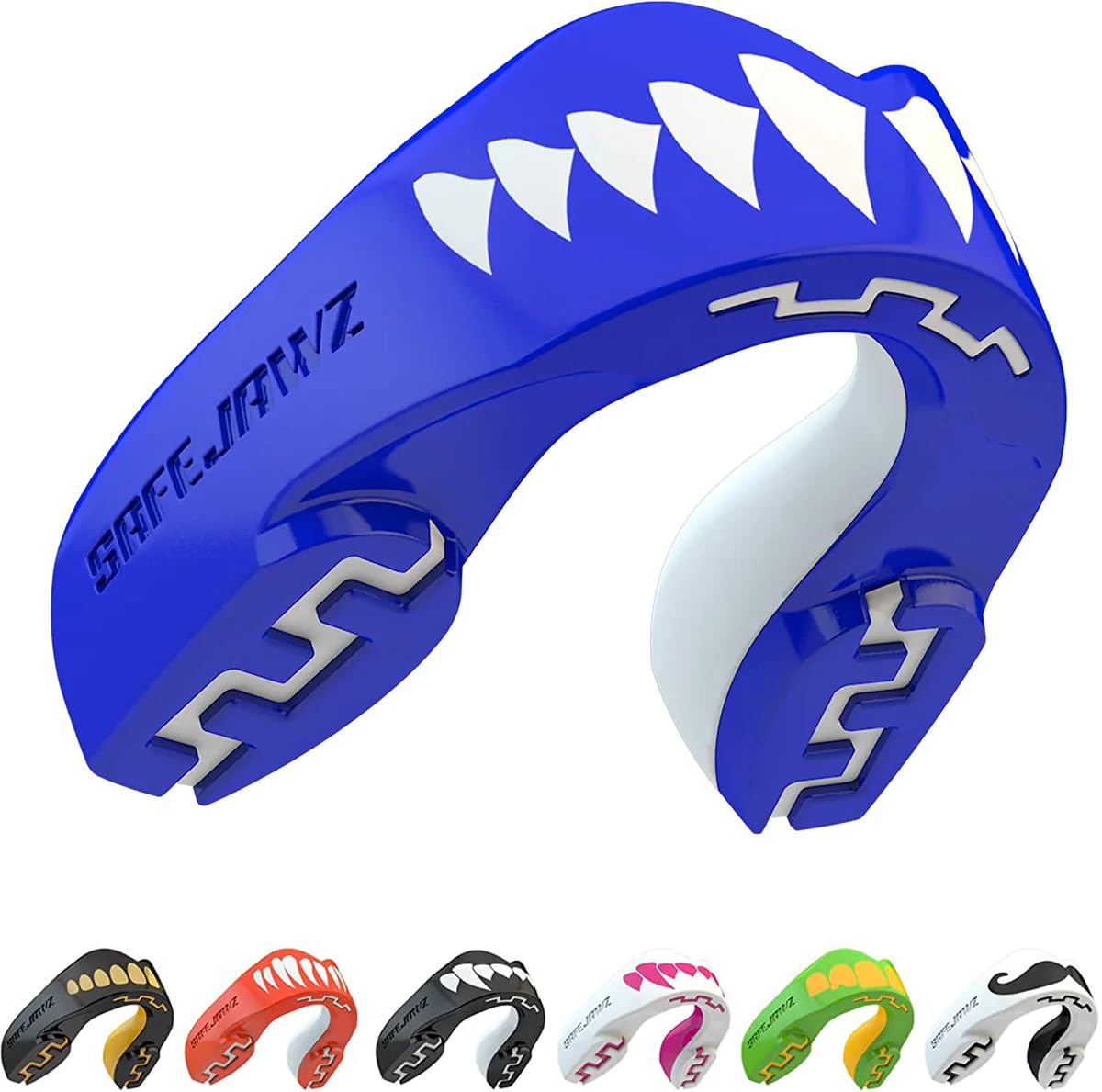 SAFEJAWZ Mouth Guard, Dual Layer Gum Shield for Juniors with Case, Easy Fit Remouldable Kids Gumshield for Rugby, Boxing, MMA, Hockey & All Contact Sports (Child <11 Years, Blue Shark)