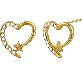 Watforsh Small 14K Gold Plated Heart Stud Earrings for women with Star and Cubic Zirconia Love Earrings Asymmetrical heart Design
