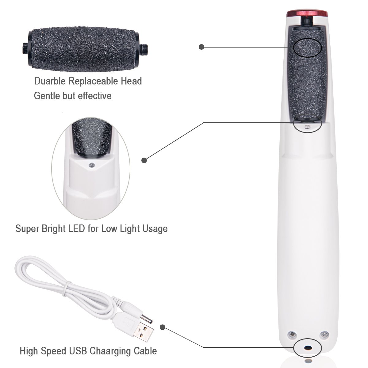 Rechargeable Callus Remover with LED Light,TianQin WY Electric Callus Remover ,Easier Grip Design to Remove More Callus Perfect for Remove Hard, Dead, Cracked Skin, 2 Rollers Included