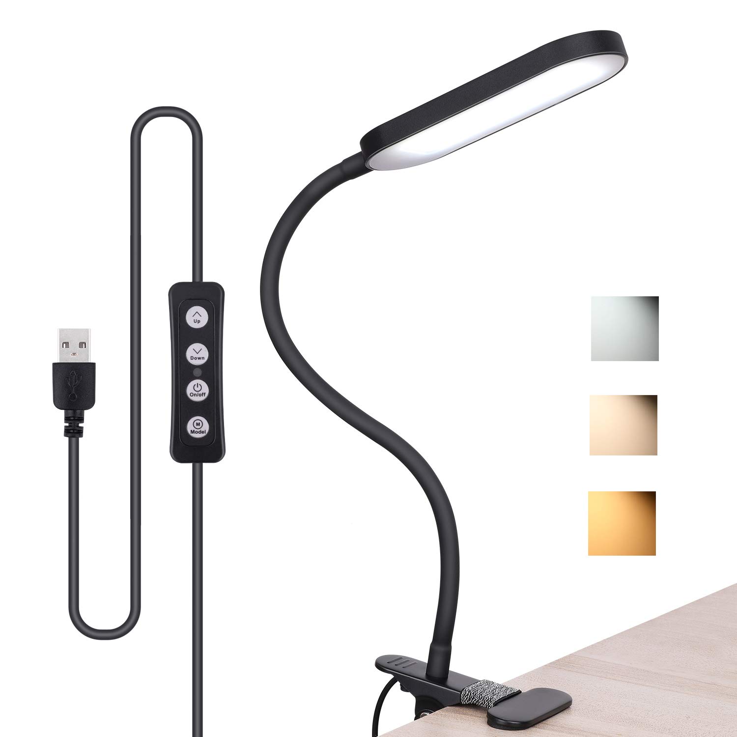 aiyidi Clip On Reading Light, Eye-Care Dimmable Desk Clamp Lamp with 3 Color Temperature Brightness Adjustable Flexible Gooseneck Bed Light for Study, Reading and Relaxing (Black)