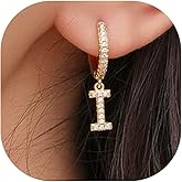 Initial Dangle Hoop Earrings Gold Plated Cubic Zirconia Alphabet Drop Earrings Dainty Hinged Huggie Earrings 26 Letters A To Z