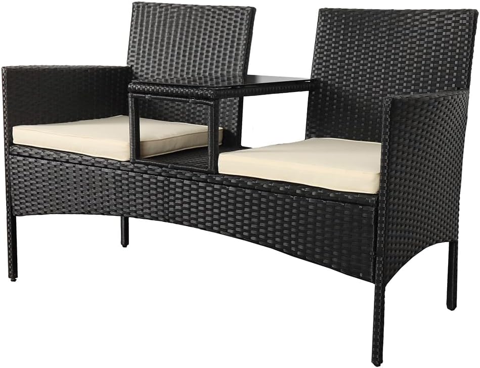 Panana Rattan Loveseat 2 Seater with Built-In Glass Table Black PE Wicker