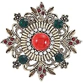 Vintage Rhinestone Flower Leaf Brooch Pin for Women Fashion Red Green Crystal Baroque Brooches Lapel Badge Dainty Elegant Dress Accessories Wedding Party Decoration Banquet Jewelry Gift Birthday